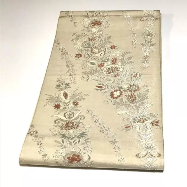 8852# Japanese Vintage Fukuro Obi Belt Kimono Pure Silk Flower Silver