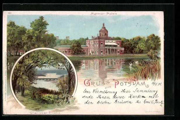Lithographie Potsdam, Glienicker Brücke und Marmor Palais 1899