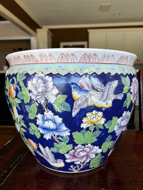 VINTAGE CHINOISERIE KOI Fish Bowl Planter Pot Jardiniere Stamped Hand