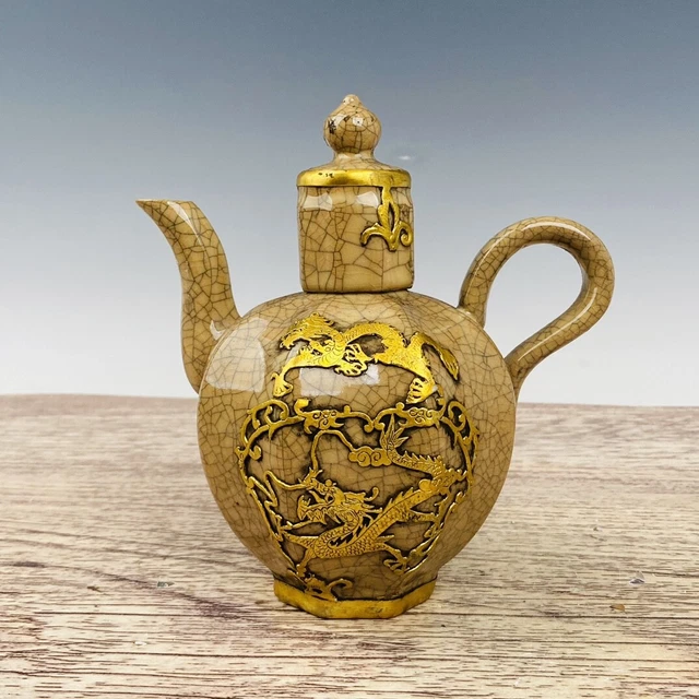 8" China antique Song dynasty Ge Kiln Porcelain gild Dragon patterned kettle