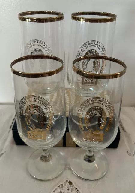 NOS VINTAGE COORS STEMMED BEER GLASSES SET OF 2 12 OZ GOLD RIM