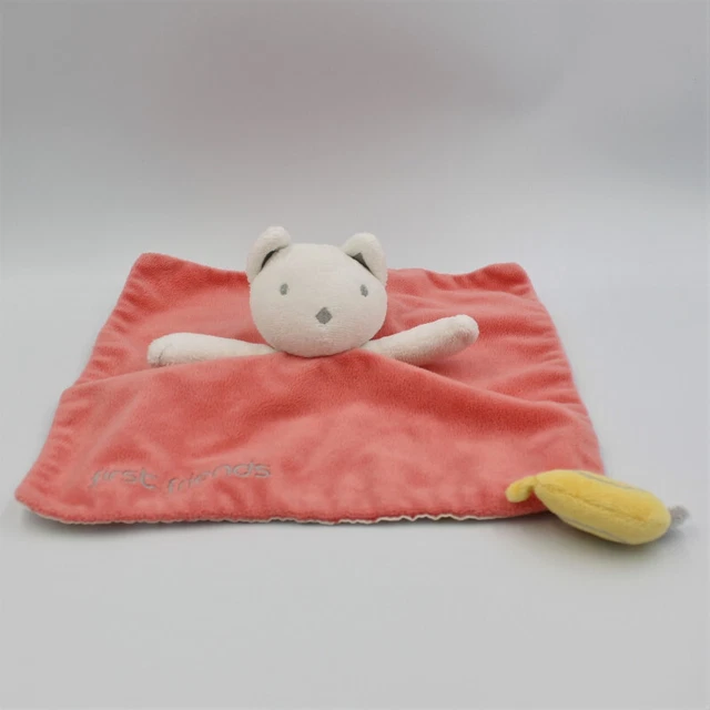 Doudou plat chat rose blanc oiseaux First Friends OBAIBI - 28194