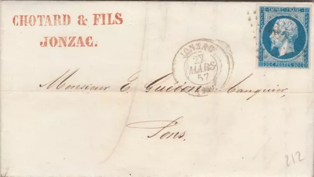 1858  Lettre 20 C Jonzac Charente Maritime Ttb