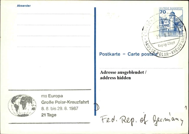 Dt. Schiffspost Stempel MS EUROPA Reise Große Polar-Kreuzfahrt auf Ganzsachen PK