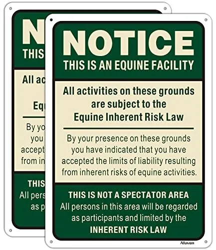 Equine Liability Signs Statute Horse Barn Stable Farm Sign 14" X 10" Supplementa