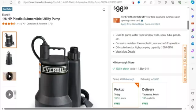 Everbilt SUP54-HD 1/6hp Plastic Submersible Utility Pump