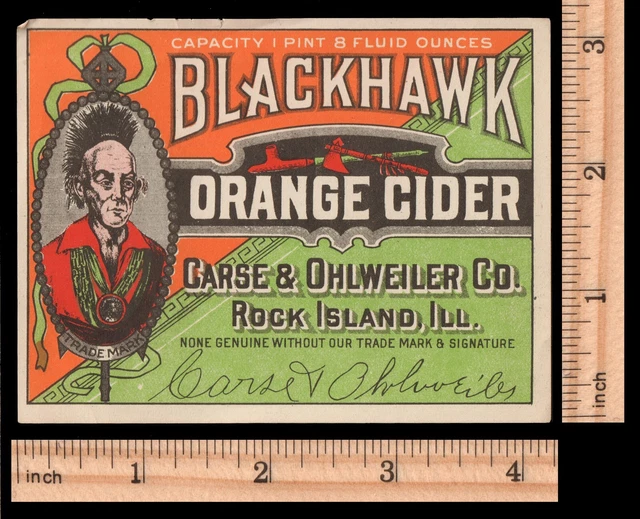 1920s Blackhawk Orange Cider Soda Label Carse & Ohlweiler Rock Island IL 4¼x3¼