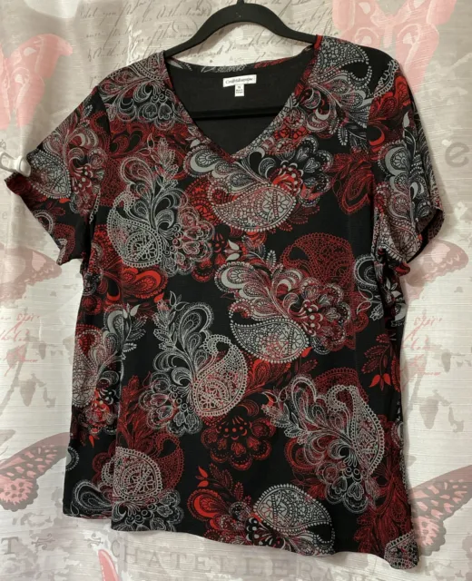 CROFT & BARROW 1X Woman's Blouse Top V-neck  Short Sleeve Lined Black/Gray/Red