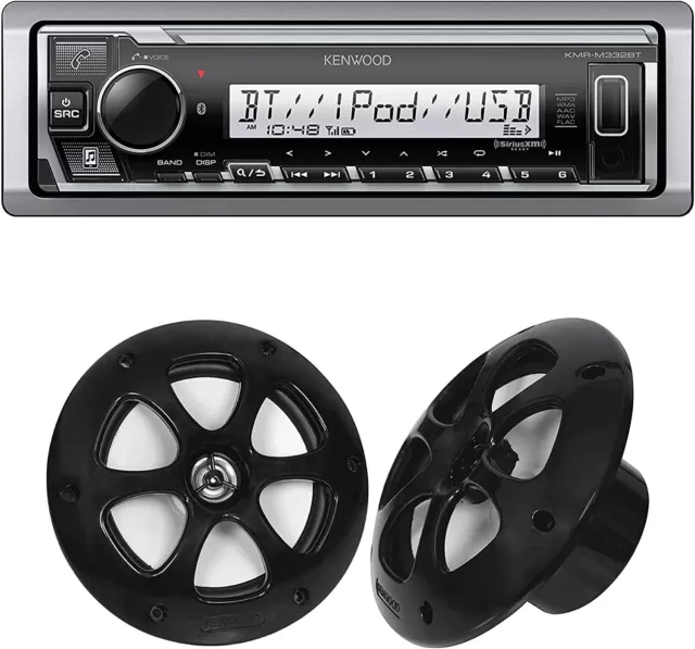 Kenwood KMR-M332BT 1-DIN Marine/Car Stereo, Bluetooth & KFC-1613MRB Speakers