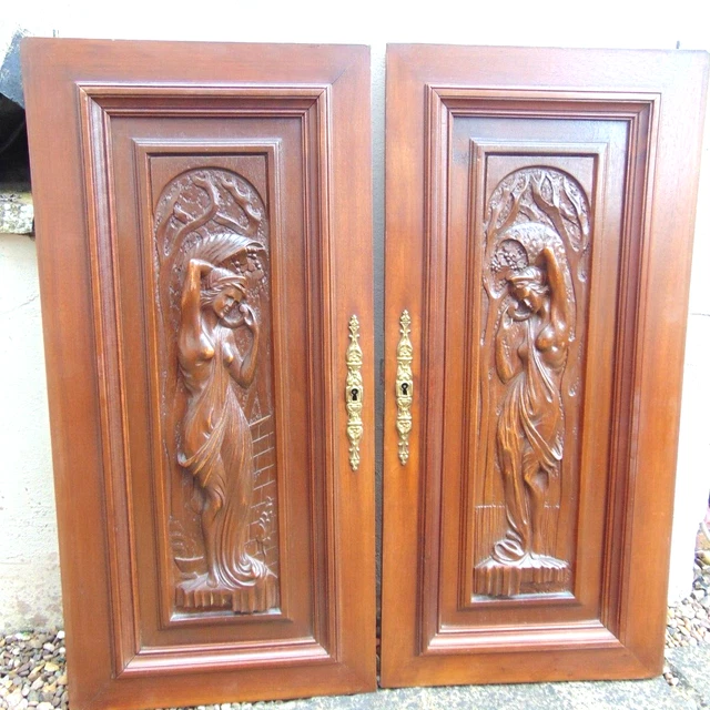 Pair antique French wood carved architectural panels semi nude Greek goddess