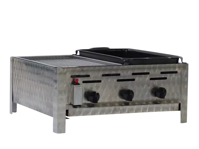 Edelstahl Gastrobräter Gasgrill für Propangas mit Grillrost und Emailpfanne