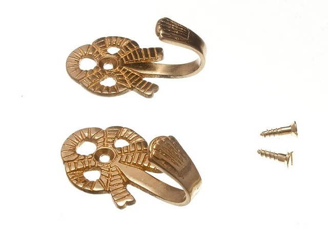 2 X 50Mm Bow Curtain Tie Back Hooks Brass + Screw M3099