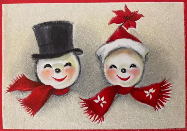 50s Happy Snowman Couple Heavy Glitter Snow Vtg Christmas Greeting Card FRONT
