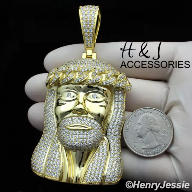 Men 14K Gold Plated Icy Bling Cz Oversize 3D Gold Jesus Face Charm Pendant*Abgp6