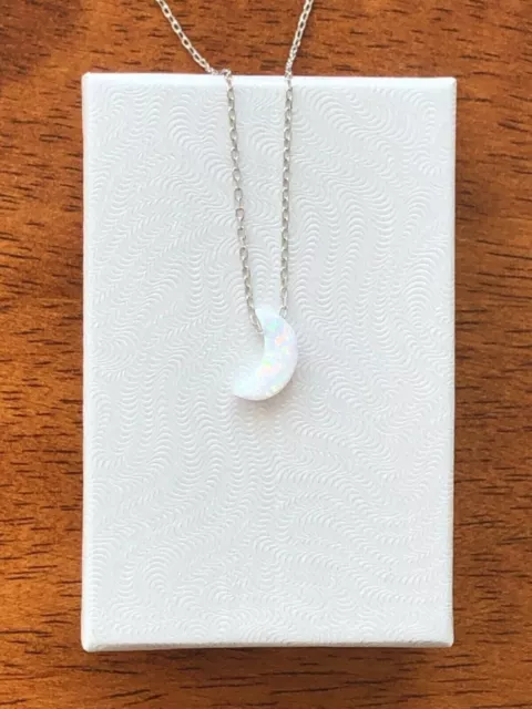 White Opal Moon Necklace Pendant 925 Sterling Silver Small Tiny 11mm(0.43") 18"