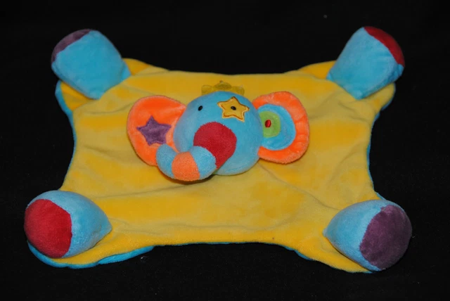 Peluche Doudou Elephant Plat  BAWI Elefant Jaune Bleu Rouge Etoile Grelot TTBE