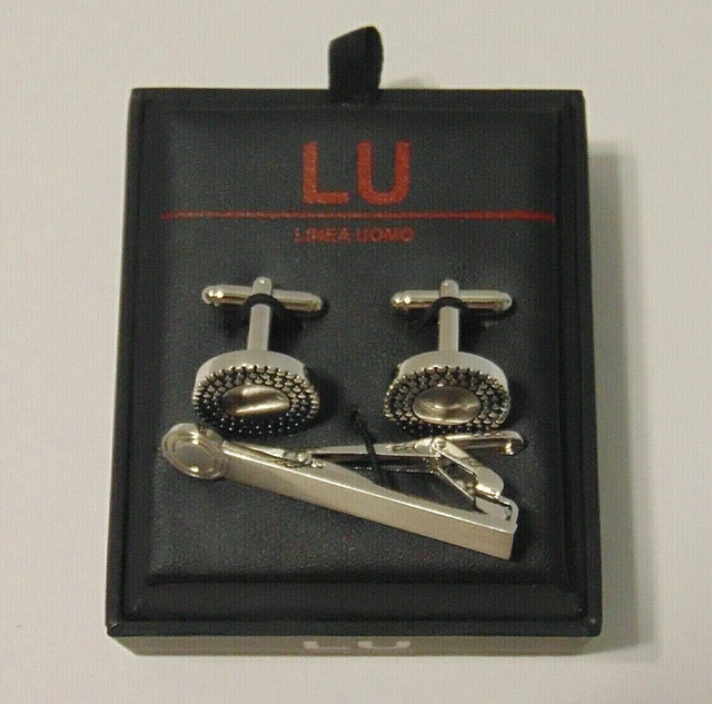 Men's Cufflink Tie Bar Clip Set Silver Black Round French Cuff Linea Uomo NIB