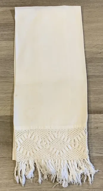 Antique Vintage Show Towel, Large, White, Linen/Cotton, With Fringe