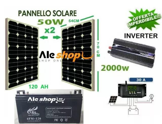 Kit Fotovoltaico Per Casa Baita Camper Pannello Solare 50Watt Inverter Batteria