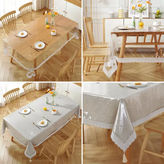 Lace Trim Clear Transparent PVC Tablecloth Waterproof Oilproof Dining Tablecover 3