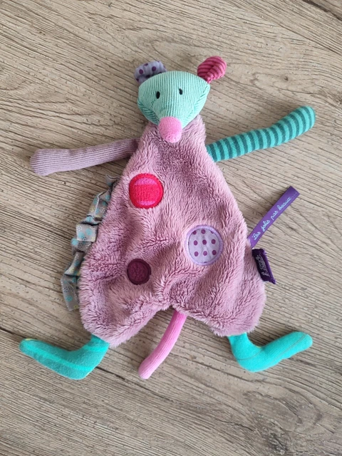 Doudou souris peluche plat Les Jolis Pas Beaux Moulin Roty violet vert  exc etat