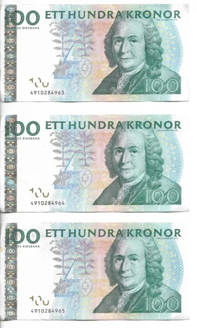 Sweden:   100 Kronor X 3 Consecutive Numbers