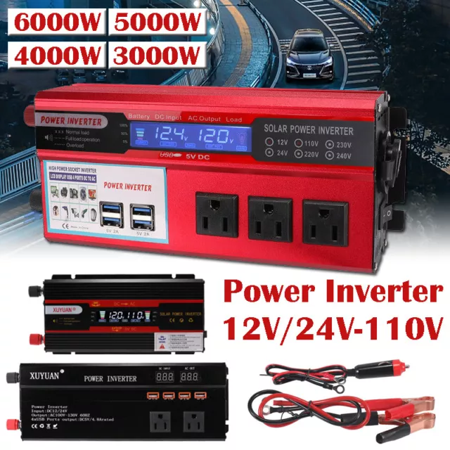 6000W Car Power Inverter DC 12V/24V - AC 110V Modified Sine Wave Solar Converter