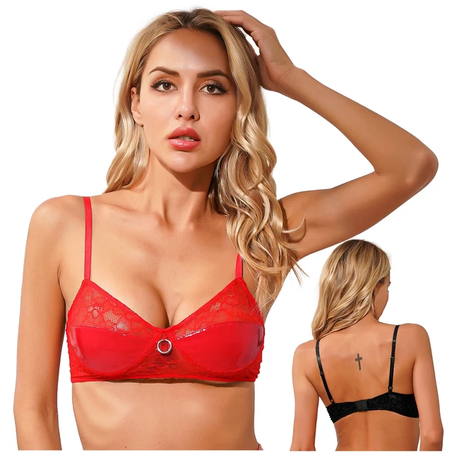 Damen Erotik BH aus Lackleder Spitzen Dessous Push up Bra Träger Unterwäsche Top