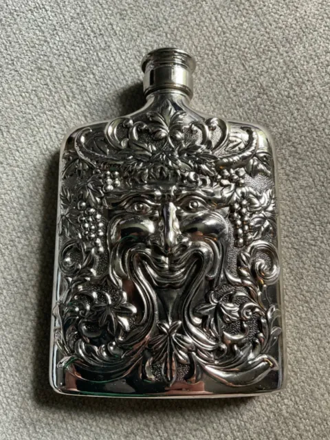 Vintage Godinger Silverplated Bacchus Ornate Metal Whiskey Flask Greek God 1606