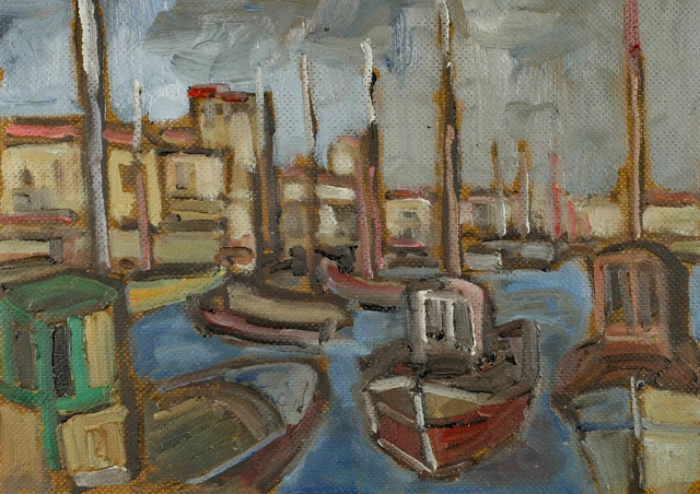 Atribución Ernst Pader 1915-1978 Pintura Al Óleo Pesquero Barcos Puerto Botes