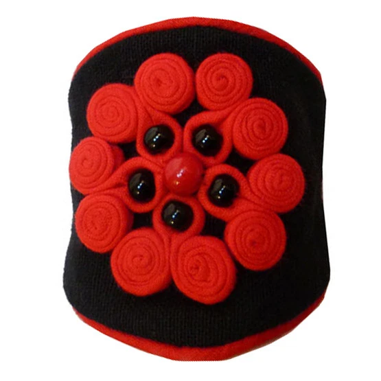 BRACELET MANCHETTE TISSU perles fermoir bouton NOIR et ROUGE - idée cadeau EUR 21,80 - FR