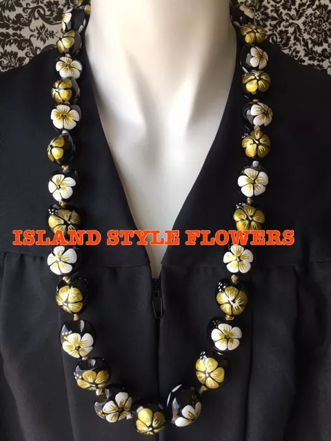 Hawaii Wedding GOLD WHITE Hibiscus Nut Lei Graduation Luau Hula Necklace