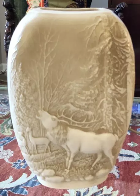 Handsome Royal Porcelain Bavaria KPM Bisque Vase Woodland Elk Scene 9.5"