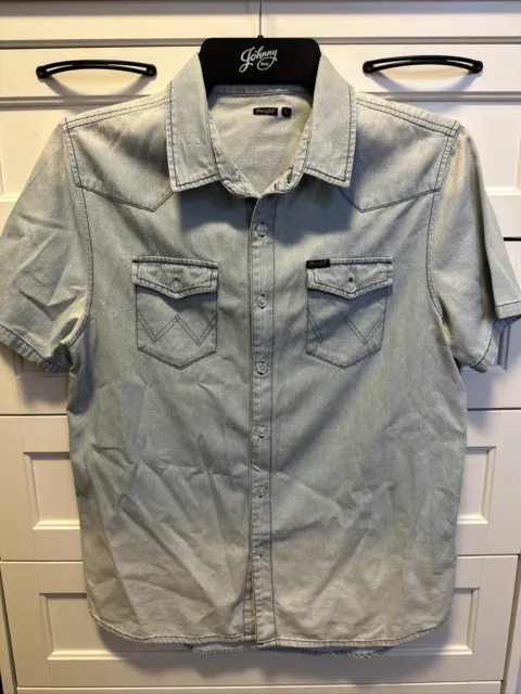 Wrangler Shirt Mens Large Blue Western Casual Button Up Short Sleeve Pockets