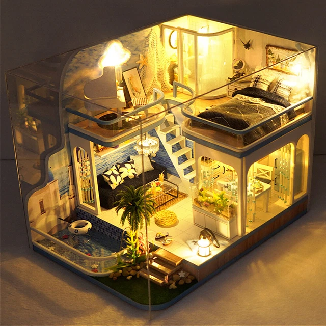 Wooden Model House Kit with Dust Cover/Light/Accessories Gift for Boys Girls 2