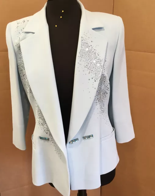 Vintage 90s Gai Mattiolo Couture Baby Blue Sequenced Blazer Jacket Italy Size 44