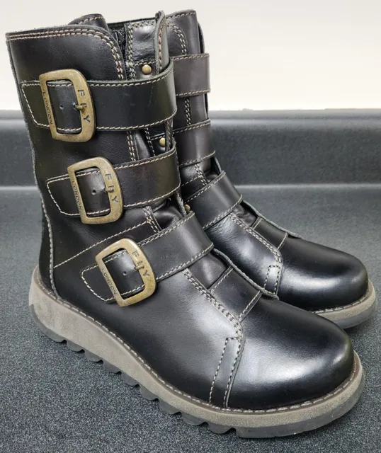 $260 Fly London Womens Scop Leather Biker Boot Shoes, Black, EU 37 / US 6.5-7