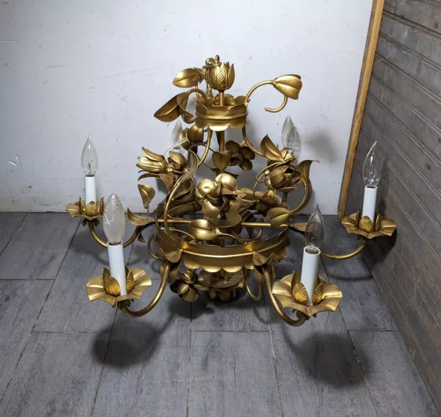 Vintage Gold Gilt Tole Metal 6-Light Floral Chandelier Italian Hollywood Regency