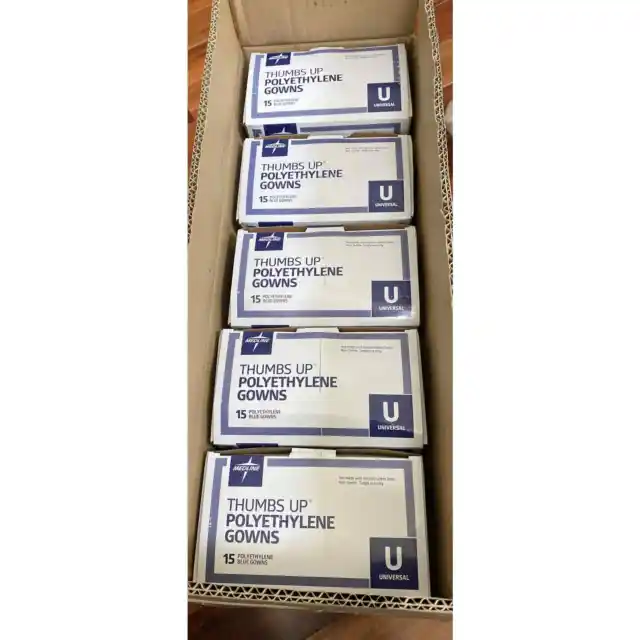 Medline NONTH180 Thumbs Up Polyethylene Blue Isolation Gowns. Lot of 75. NEW