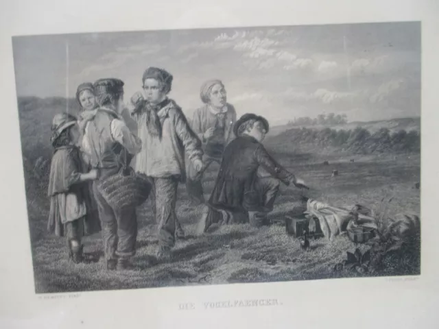 Antiker Stahlstich „Die Vogelfänger“ W. Hemsley pinx – Veit Froer Sculp ~ 1850