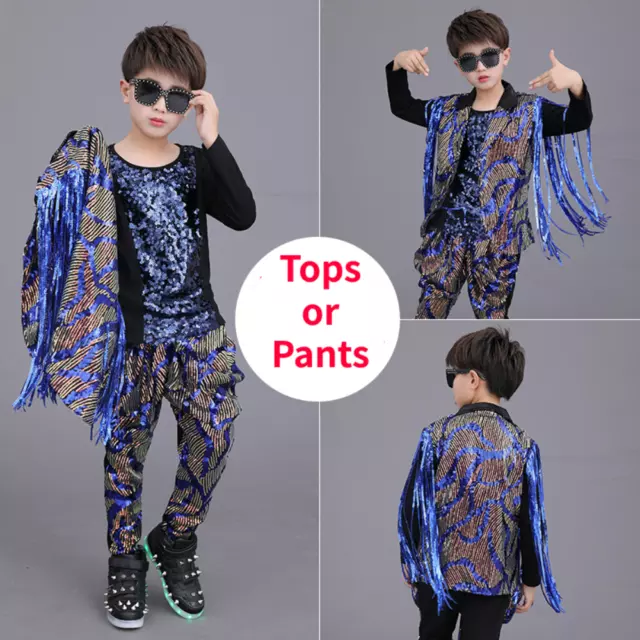 Bambino Lustrini Ragazzo Tassl Gilet Cappotto Top Costume Danza Pantaloni Abito