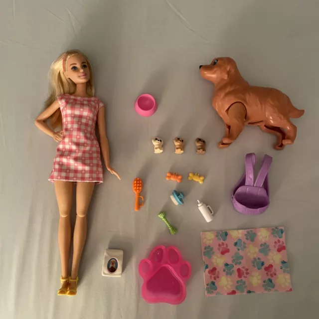 Barbie Doll Newborn Pups Playset with Dog 3 Puppies Push Dogs Head For Puppies!