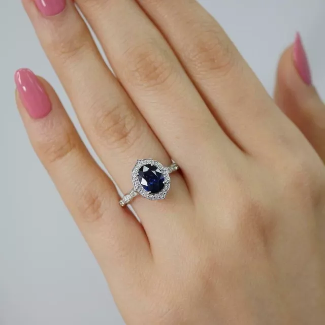 2Ct Oval Cut Blue Sapphire Halo Wedding Ring 14K White Gold Finish Lab Created