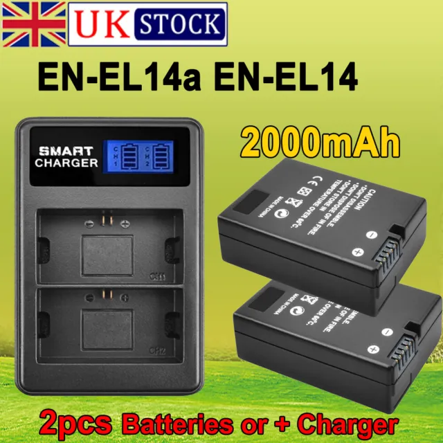 2Pcs EN-EL14 EN-EL14a 2000mAh Battery /Charger for Nikon D3100 D3200 D5500 D5100