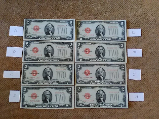 1928 Series F G $2 Two Dollar Notes,Crisp,Very Nice,Au++/Unc Or Better, Red Seal
