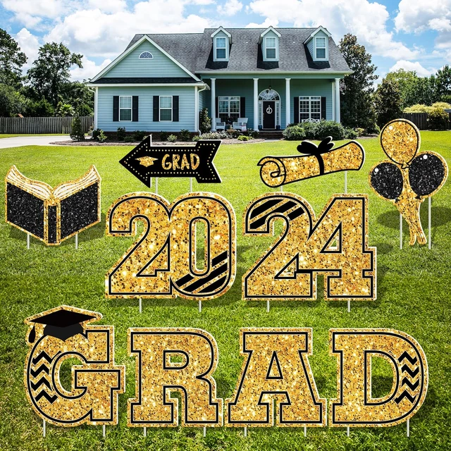 GRADUATION YARD SIGNS Black Gold Class of 2024 Yard Sign Congratulation