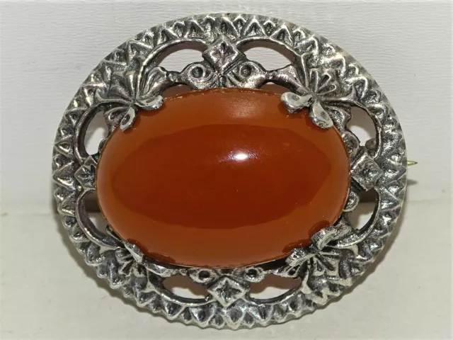 -JOLIE ANCIENNE BROCHE ARGENT et PIERRE CORNALINE BIJOU ANCIEN SILVER COLLECTION