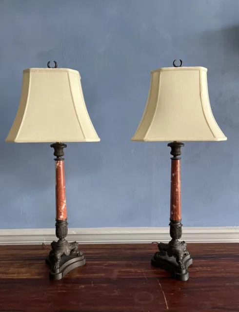 Antique French Red Griotte Marble and Bronze Empire Style Table Lamps a Pair