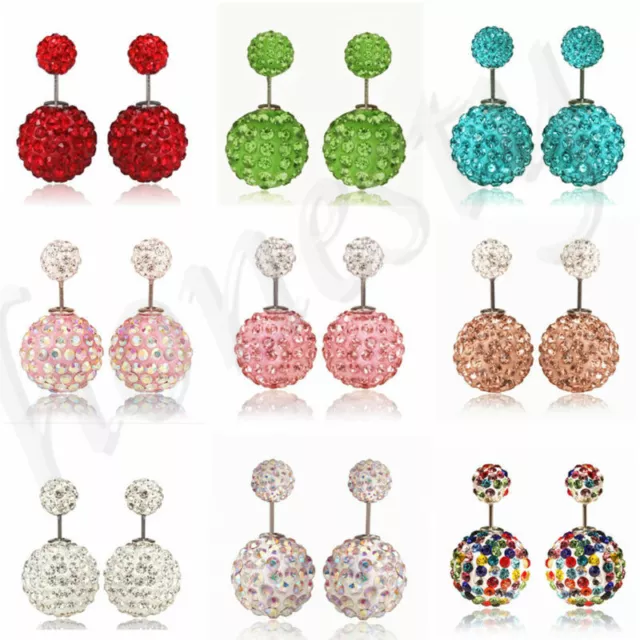 Women Elegant Double Sided Crystal Rhinestone Ball Lady Earrings Ear Studs Gift 2