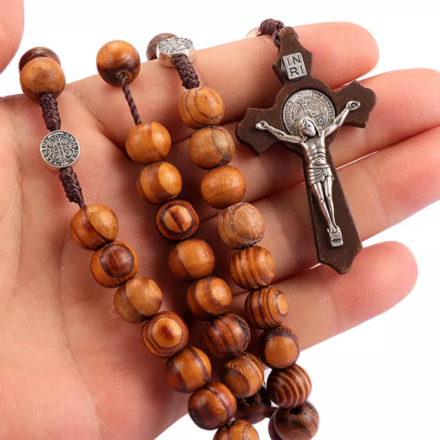 Wooden Bead Catholic Christ Jesus Crucifix Cross Pendant Necklace Prayer Jewelry